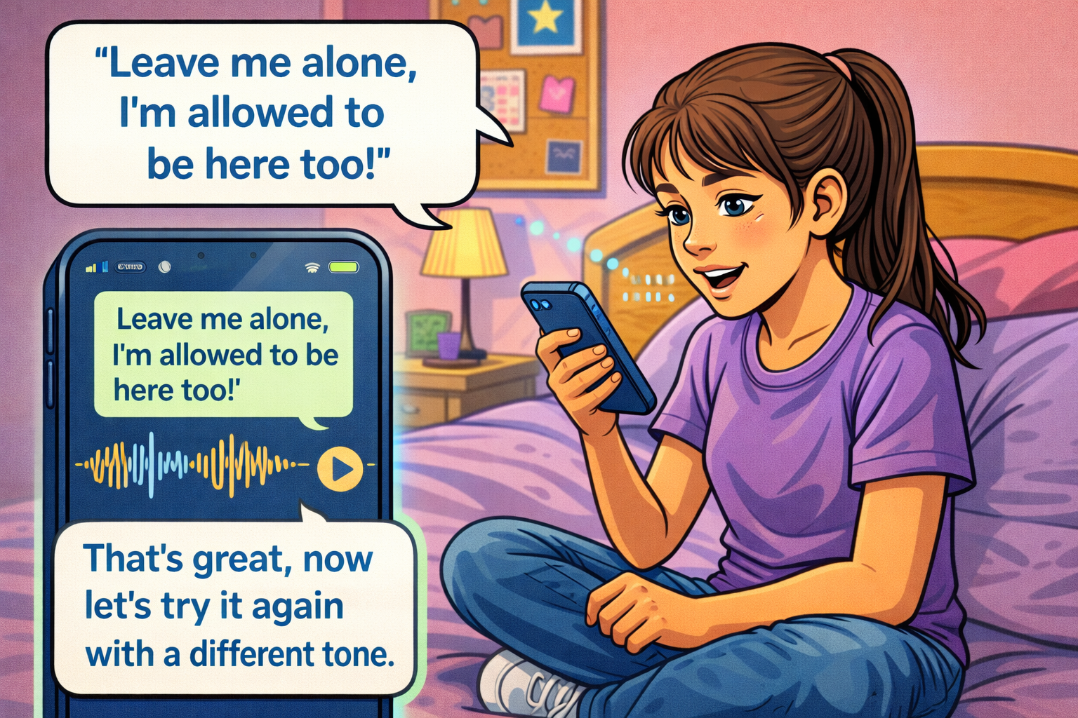 Child practicing confident responses using the app with voice recording feature