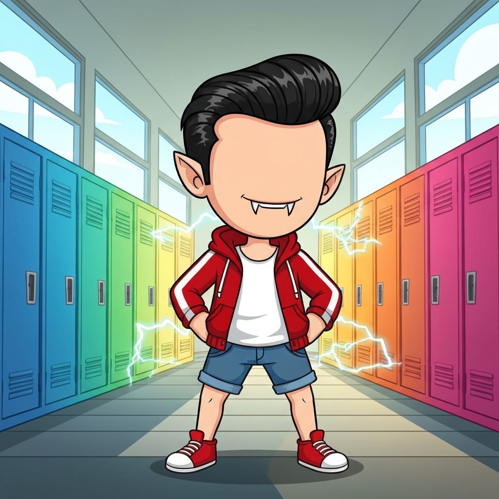 Emotion Vampire mascot with lightning energy in school hallway